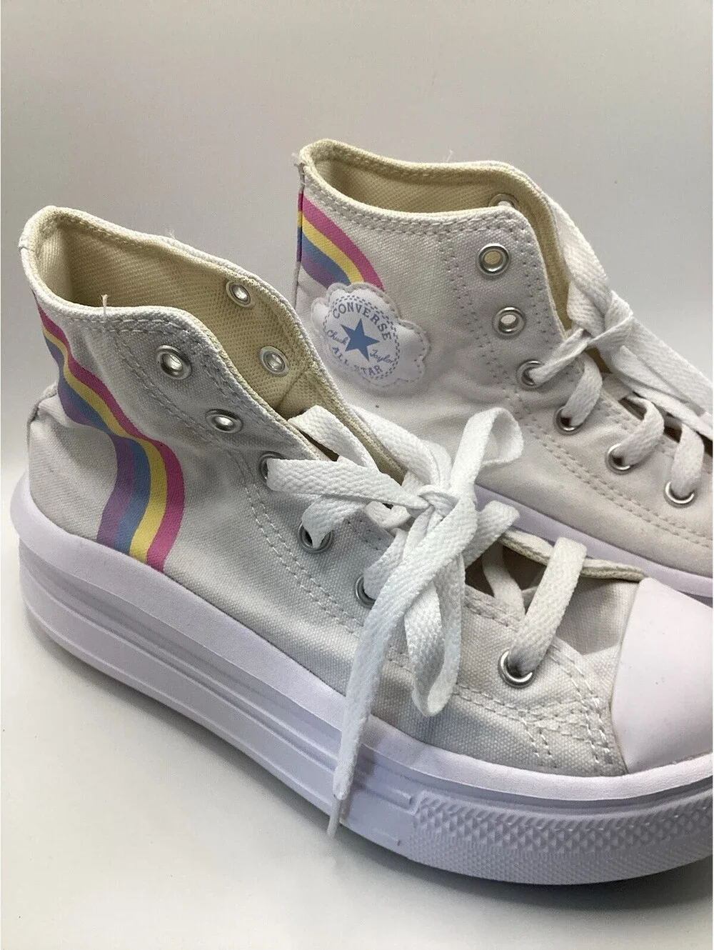 Converse All Star Platform Shoes Kids Size 3 White Rainbow High Top